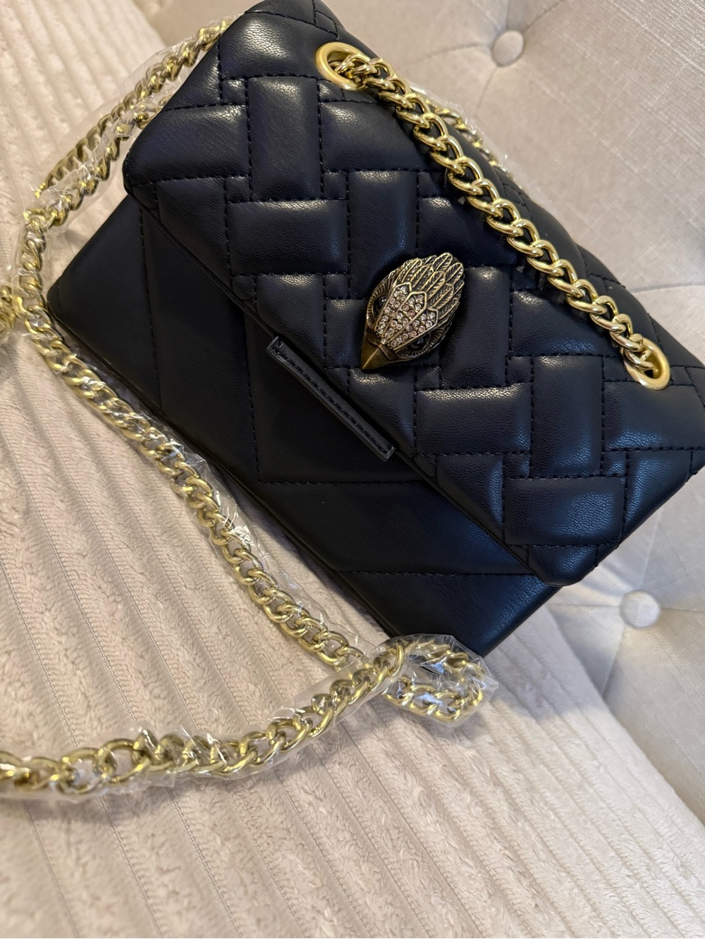 Kurt Geiger Black Quilted Chain Shoulder Bag with Gold Hardware